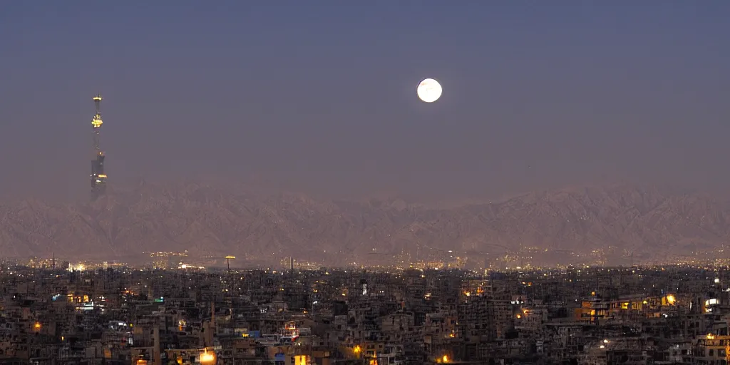 Image similar to tehran skyline in a winter night, full moon and a dragon in the sky
