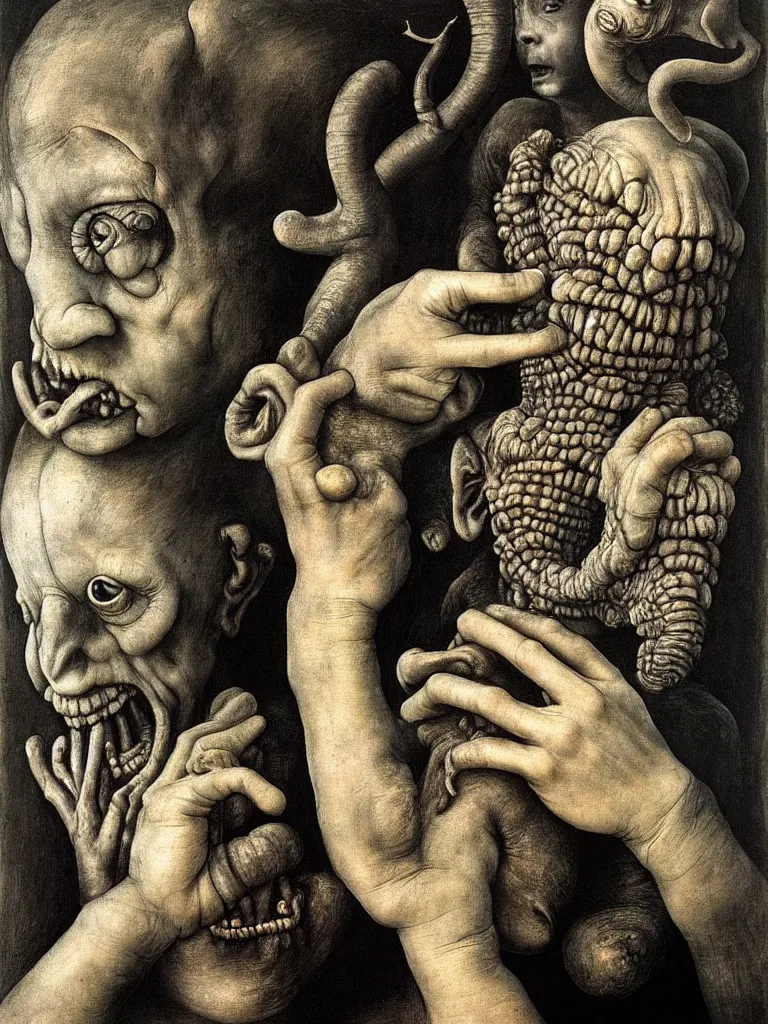 Image similar to a boy like eraserhead and elephant man with his hand, looking straight into camera, screaming in desperation, by giuseppe arcimboldo and ambrosius benson, renaissance, fruit, intricate and intense oil paint, a touch of beksinski and hr giger and edward munch, realistic, rules of composition, headspace