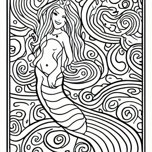 Image similar to Clean line drawing of a mermaid, coloring-in sheet style for children\'s coloring, no fill, just line.