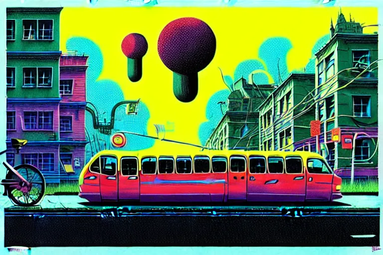 Prompt: surreal glimpse into other universe, city transportation by tesla incorporation, summer morning, very coherent and colorful high contrast, art by!!!! gediminas pranckevicius!!!!, geof darrow, floralpunk screen printing woodblock, dark shadows, hard lighting, stipple brush technique,