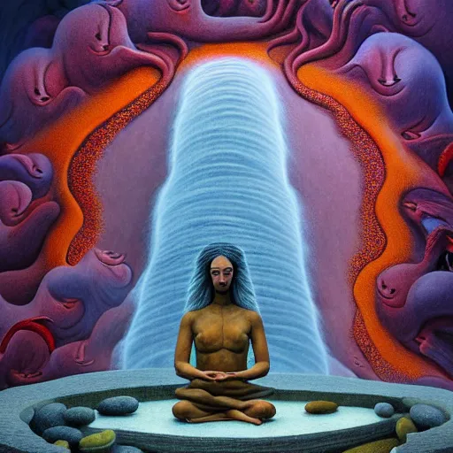 Image similar to the devil meditating in a zen garden with a lava waterfall in hell, by Adi granov and afarin sajedi and amanda sage and evgeni gordiets and Agostino Arrivabene and adonna khare in a psychedelic portrait style, ultrarealistic matte painting, volumetric lighting, fractal, extremely symmetrical, highly detailed face, orisha, 8k, hd