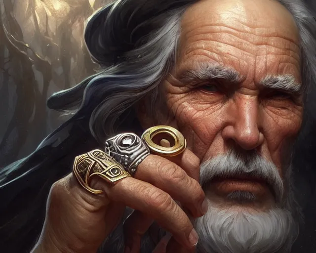 Prompt: old man with rings on all his fingers, deep focus, d & d, fantasy, intricate, elegant, highly detailed, digital painting, artstation, concept art, matte, sharp focus, illustration, hearthstone, art by artgerm and greg rutkowski and alphonse mucha