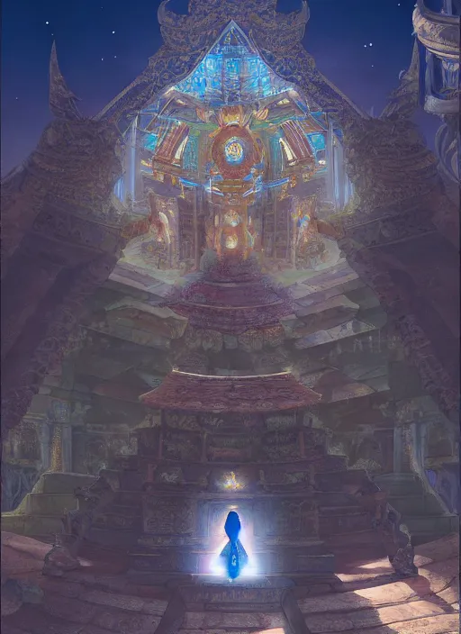 Image similar to centered portrait of the sapphire herald at a desert temple, hidari, color page, tankoban, 4K, tone mapping, Akihiko Yoshida.