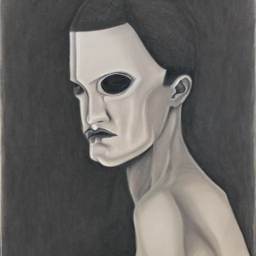 Prompt: charcoal portrait of androgynous human with a strange face. precisionism, charcoal drawing, surrealist, genderless