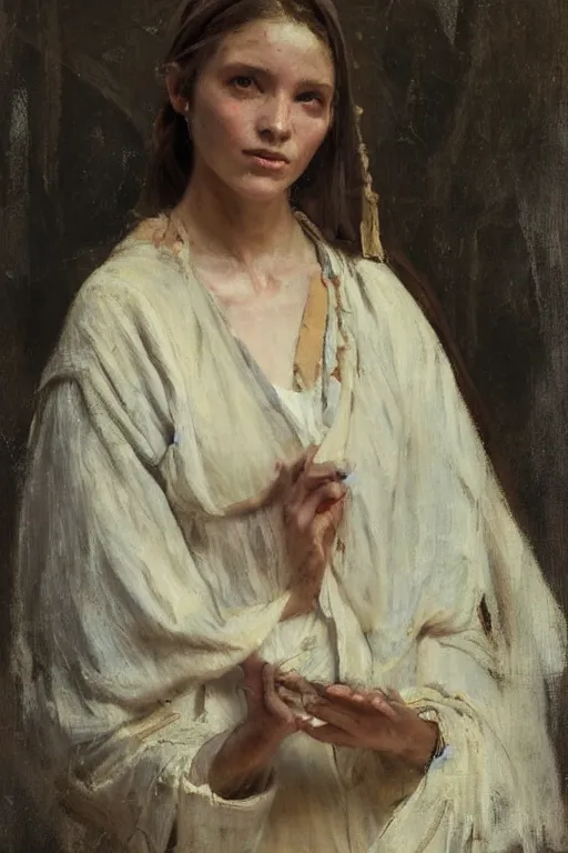 Image similar to Richard Schmid and Jeremy Lipking and Antonio Rotta full length portrait painting of a young beautiful traditonal bible character Mary Magdalene woman