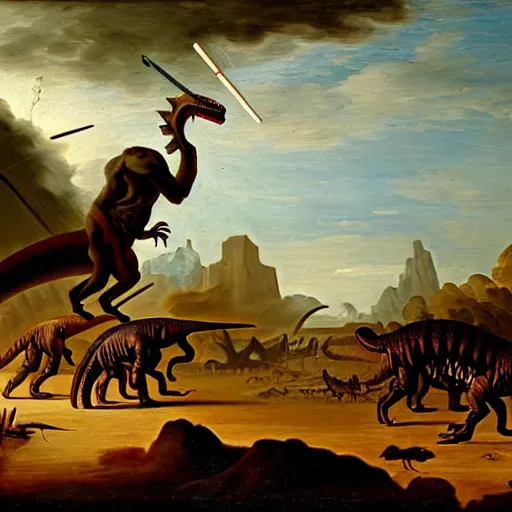 Image similar to A painting of a dinosaur fighting with serval cavemen armed with spears, coarse canvas, visible brushstrokes, painting by Jan van Goyen