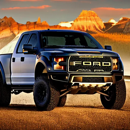 Image similar to a highly detailed photo of a black ford raptor in alberta at sundown, 4 k high - resolution photograph, ultra detail, hd photo