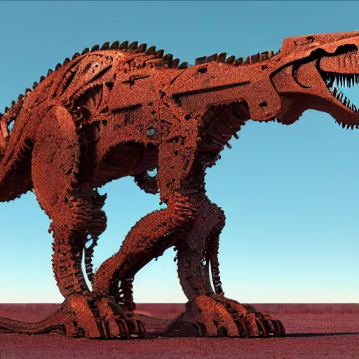 Prompt: a t-rex made out of rusty gears, octane render, 3D