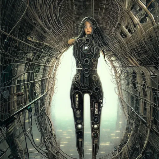 Prompt: a woman with long hair wearing a mechanical suit, cyberpunk art by Peter Gric, cgsociety, computer art, steampunk, circuitry, dystopian art