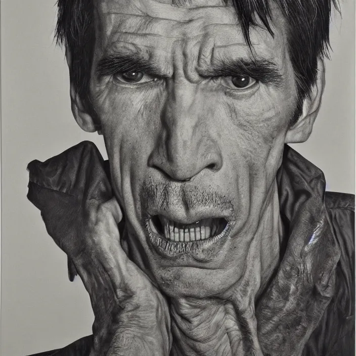 Prompt: a portrait of anthony perkins, fierce, scary, unnerving, by chuck close, by elizabeth payton