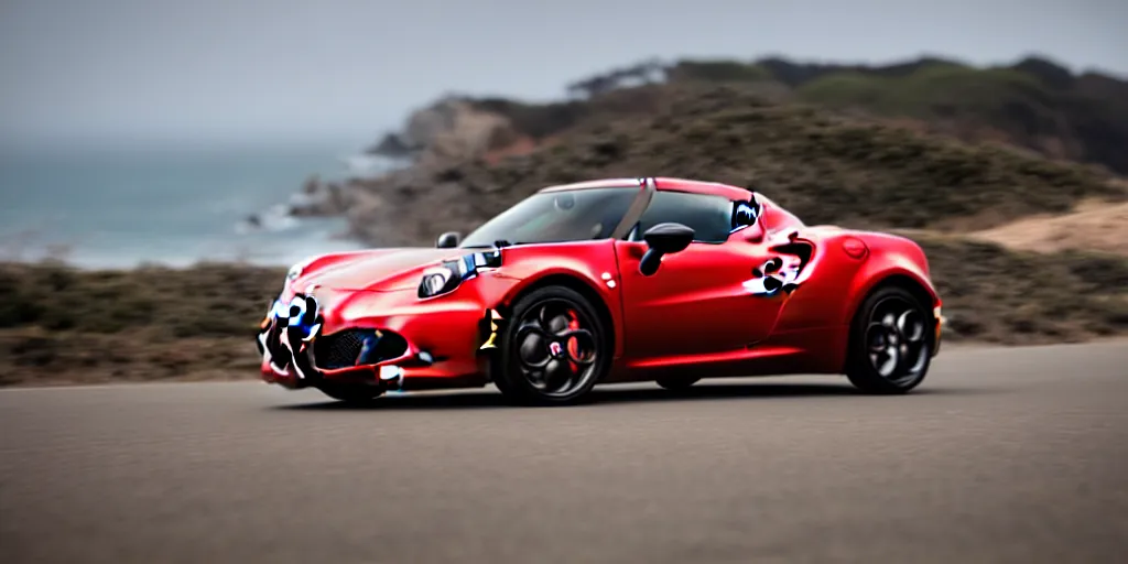 Image similar to photograph, 2015 Alfa Romeo 4C, cinematic, PCH, california coast, 8k, depth of field, bokeh.