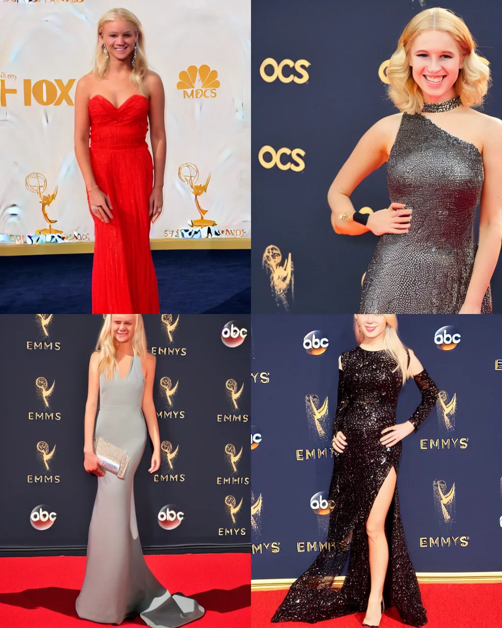 Prompt: a young blonde actress on the red carpet at the emmys, outdoors at night, flash photography