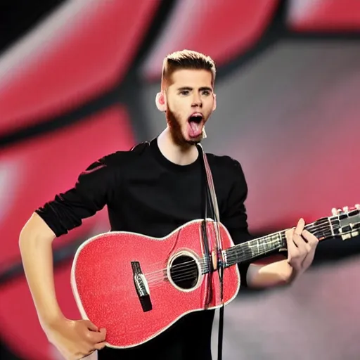 Image similar to david de gea singing pop with a microphone, indoor