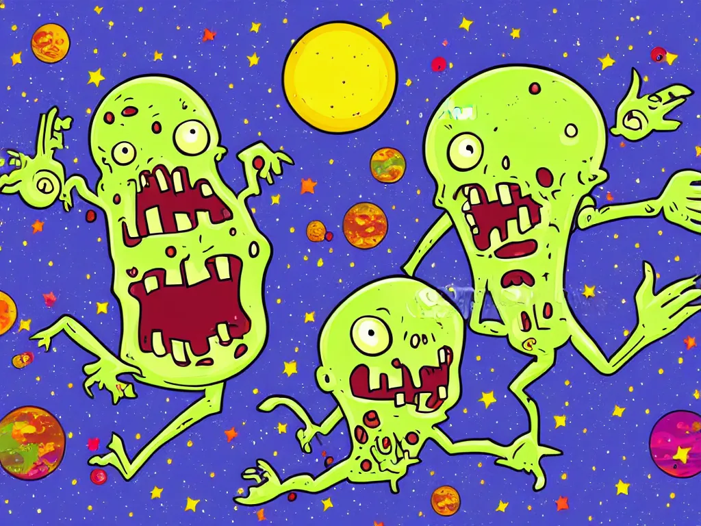 Image similar to happy zombie floating in space, cartoon illustration, detailed