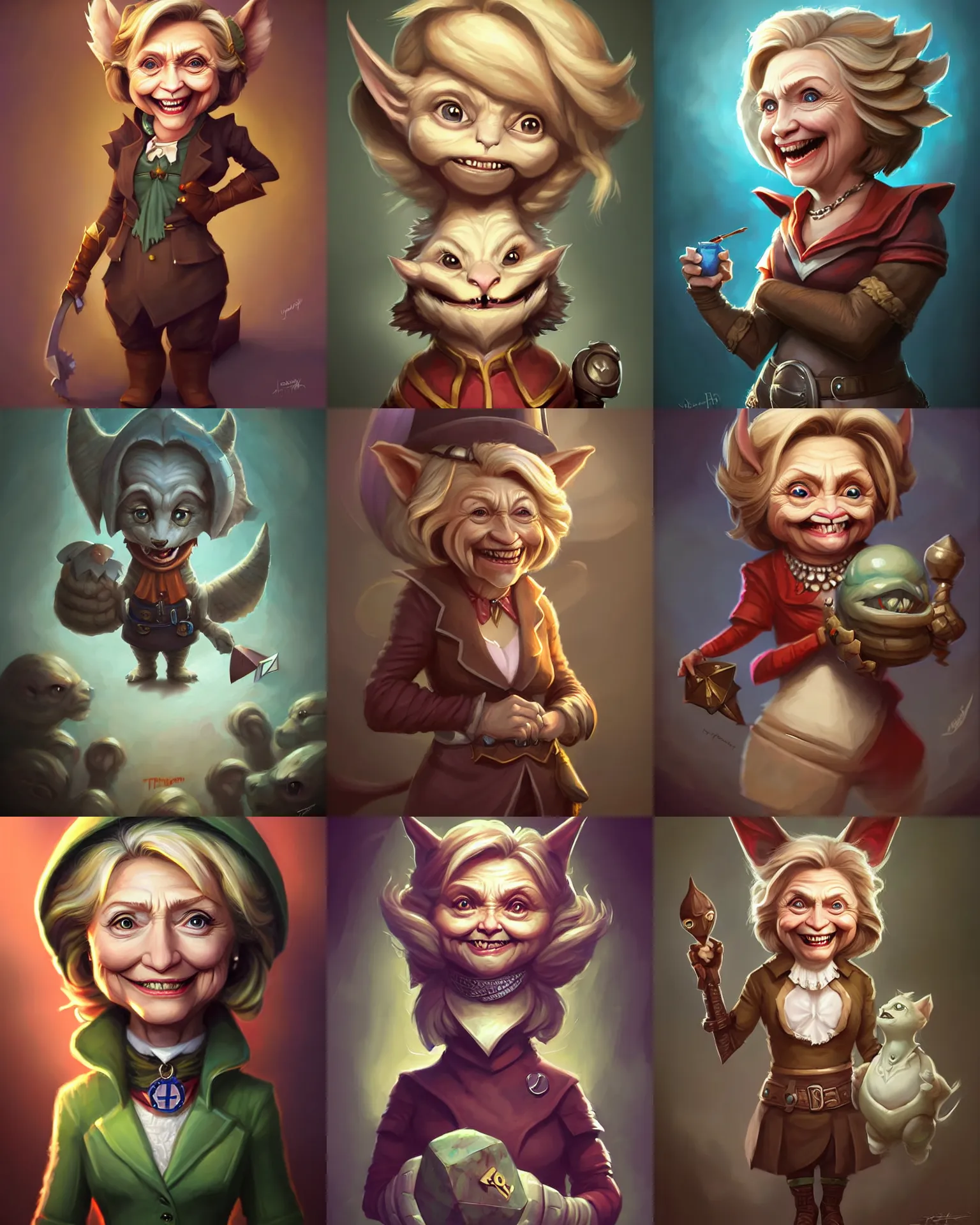 Prompt: cute little anthropomorphic hillary clinton cute and adorable, pretty, beautiful, dnd character art portrait, matte fantasy painting, deviantart artstation, by jason felix by steve argyle by tyler jacobson by peter mohrbacher, cinema
