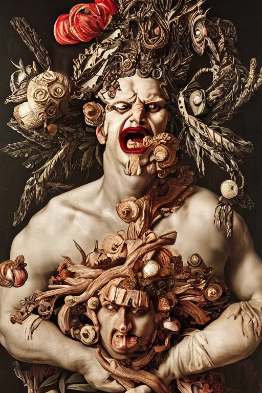 Image similar to Detailed maximalist portrait a Greek god with large white eyes and an angry face, fleshy body, botany, HD mixed media 3d collage, highly detailed and intricate, surreal illustration in the style of Caravaggio, dark art, baroque