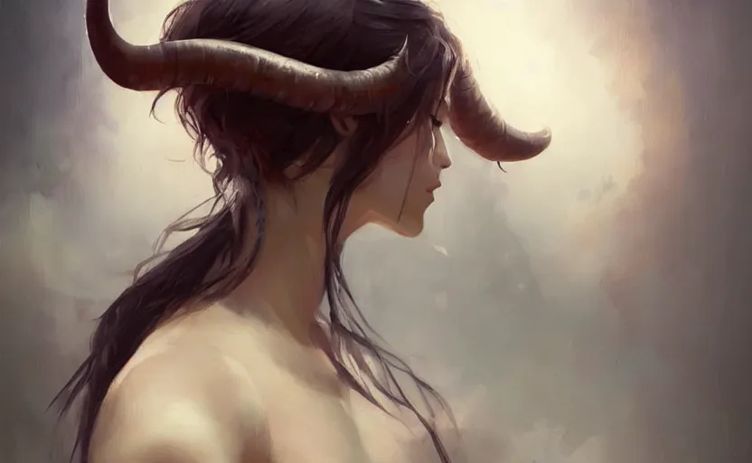 Prompt: a painting of aki trending on artstation in the style of greg rutkowski, beautiful, sensual, natural, horns on head
