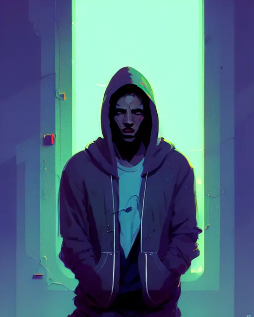 Prompt: neo - noir, hyper - realistic portrait of a man in a hoodie, intricate, 4 k, by atey ghailan, by greg rutkowski, by greg tocchini, by james gilleard, by joe fenton, by kaethe butcher, dynamic lighting, lighting color scheme, sharp focus, grunge aesthetic