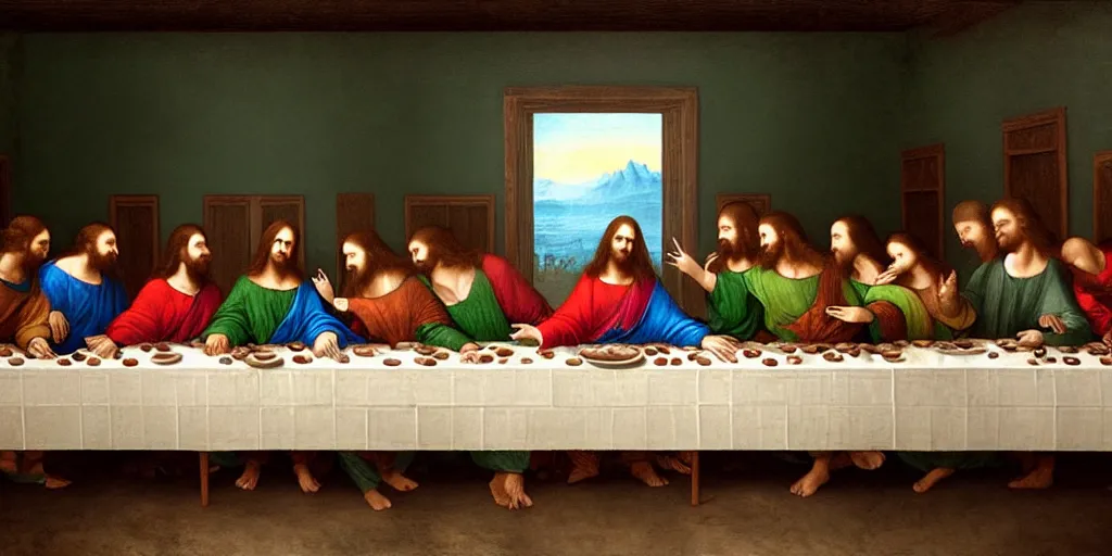 Prompt: the last supper with green sentient blobs, horror, painted by leonardo da vinci, greg rutkowski, artgerm, masterpiece, 4 k hyper realistic