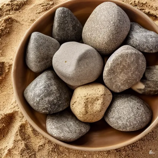 Prompt: A delicious bowl of rocks and sand