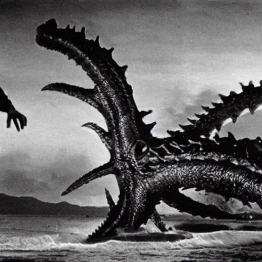 Image similar to a couple escaping from a giant Kaiju Starfish Monster over a traditional Korean village, minimal cinematography by Akira Kurosawa, movie filmstill, film noir, thriller by Fritz Lang and Shin Sang-ok