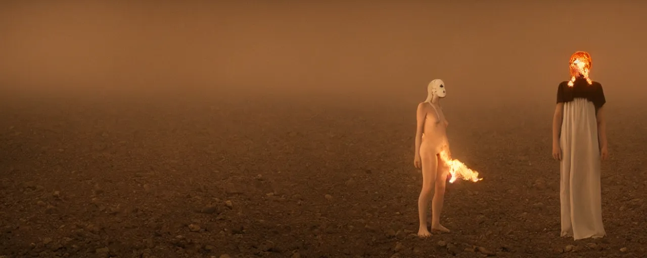 Image similar to The full body shot of beautiful pale woman with white flowers and full-face golden mask inside a thick black smoke in rocky desert landscape, glowing eyes everywhere, burning earth by Gaspar Noe and Christopher Doyle, anamorphic lens, anamorphic lens flares, kodakchrome, cinematic composition, practical effects, award winning photo, 8k