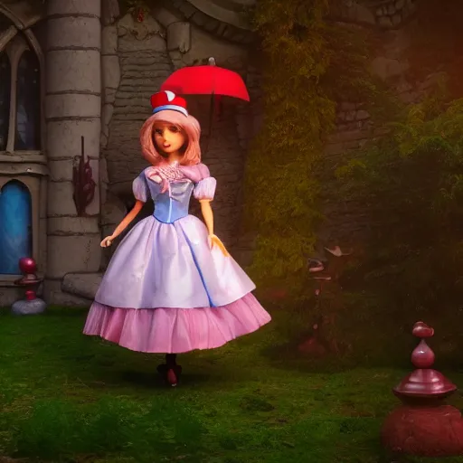 Image similar to beautiful alice full body doll figurine infront of castle, alice in wonderland theme, disney inspired, octane render, 8 k, ultra realistic, hd, cinematic lighting, fantasy landscape, artstation