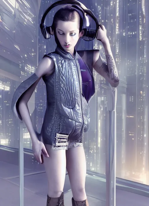 Image similar to haute couture, clothing setting for girl, model standing pose, futurism, vest, princess sleeve jacket, shorts, boots, headphones, cyberpunk style, render by octane and blender, hyper realistic, hyper detailed