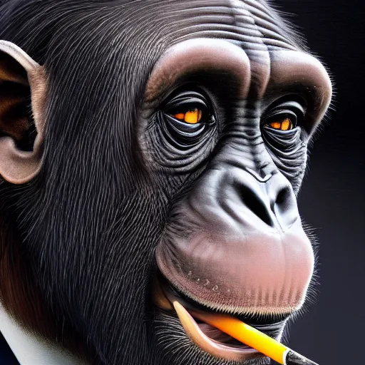 Prompt: a high detail painting of a chimp wearing a suit 👔,and smoking a cigarrette🚬, cgcosiety, artstation, unreal engine, realism