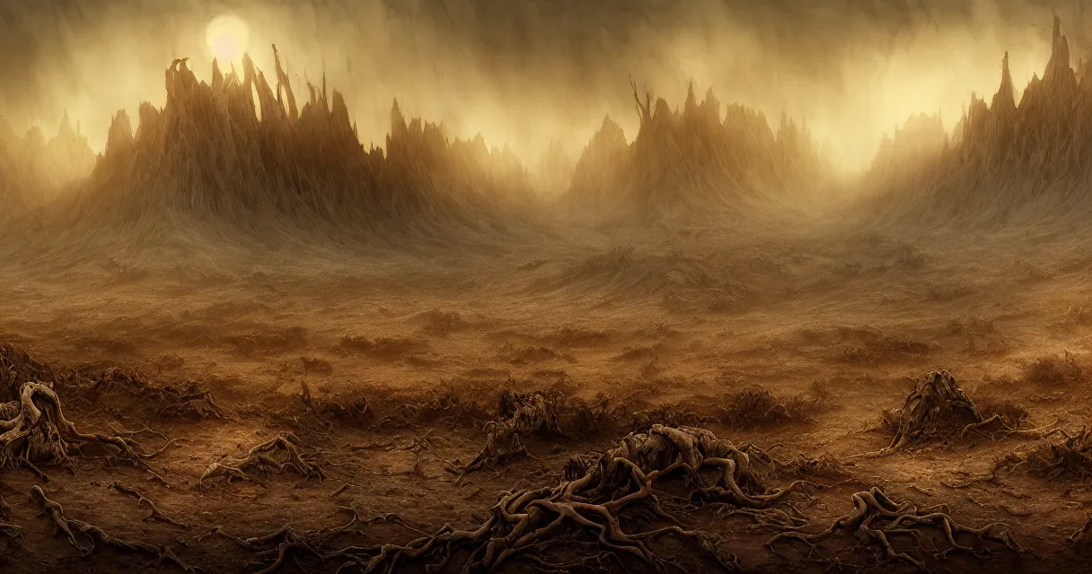 Image similar to epic professional digital art of hungry barren desert with dessicated forest, faint golden moody atmospheric lighting, painted, intricate, detailed, detailed, foreboding, by leesha hannigan, wayne haag, reyna rochin, ignacio fernandez rios, mark ryden, iris van herpen,, epic, stunning, gorgeous, much wow, cinematic, masterpiece.