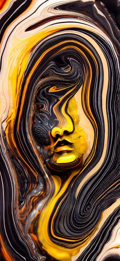 Image similar to epic, abstract sculpture of beautiful female face and black swirling marbling liquifying acrylic sculpture, clouds, golden hour, beautiful light, 3 d sculpture of carving marble, dark colors, dark mood, one point lightning