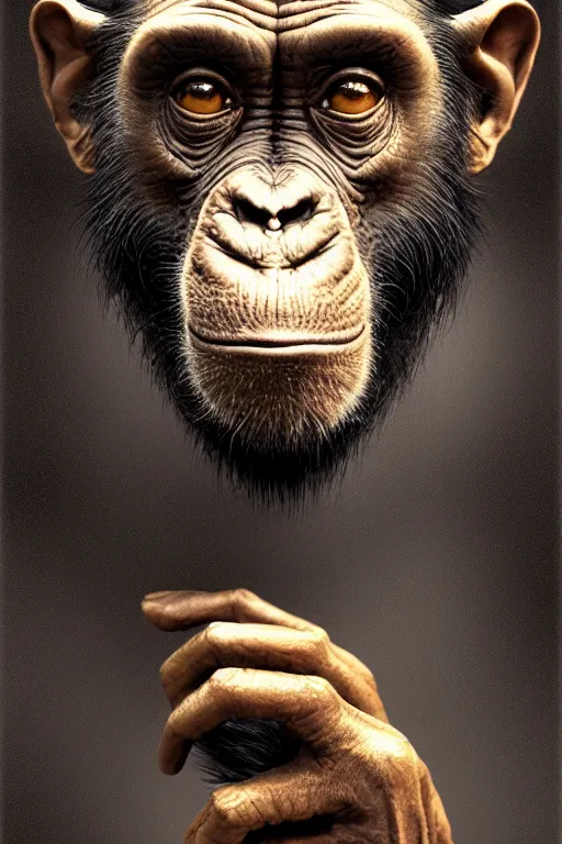 Image similar to portrait of an old chimpanzee wearing a elegant hat, intricate wrinkles, dystopian, sci-fi, evening light, extremely detailed, hands, digital painting, sculpted in zbrush, artstation, concept art, smooth, sharp focus, illustration, chiaroscuro lighting, golden ratio, incredible art by Stanley Artgerm Lau and Greg Rutkowski, composition by Alphonse Mucha and Simon Stalenhag