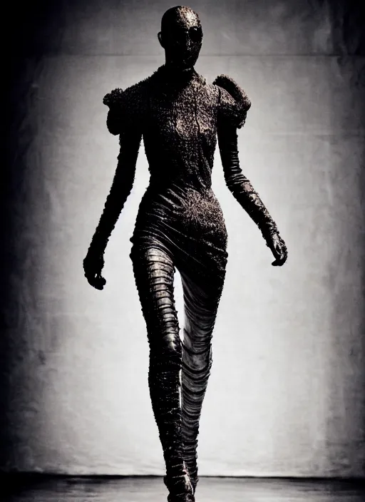 Image similar to walking down the catwalk, steven klein, show, stage, vogue photo, podium, fashion show photo, historical baroque dress dark, iris van herpen, beautiful woman, full body shot, masterpiece, intricate, biopunk, guyver, highly detailed