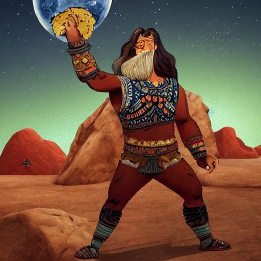 Prompt: persian folktale art style, barbarian on mars, pulp science fiction, standing atop boulder looking over barren expanse