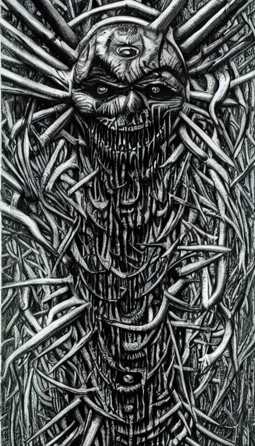 Prompt: a storm vortex made of many demonic eyes and teeth over a forest, by hr giger