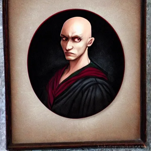 Image similar to d & d painting portrait necromancer man with bald head, red eyes, pallid skin, long flowing black and red robes. in style of leonardo davinci