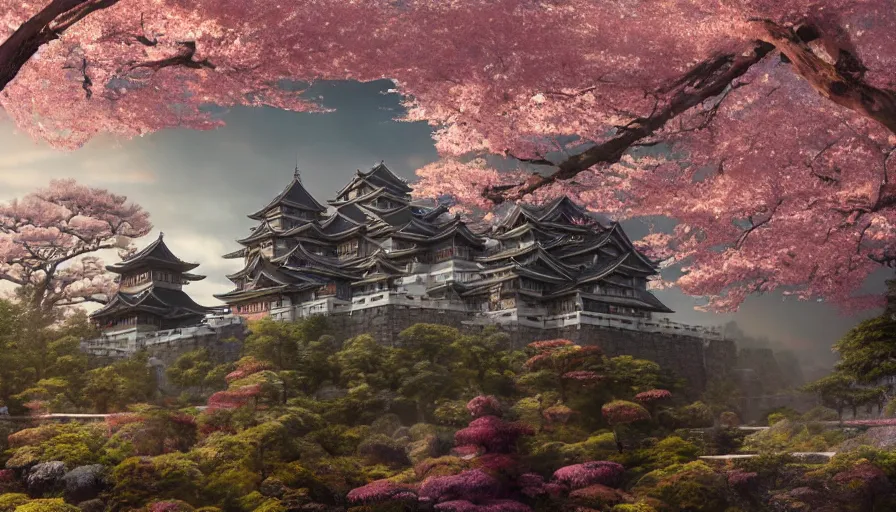 Image similar to A highly detailed matte painting of the huge japanese castle, wooden and dark, with matsu pine trees, with sakura cherry trees, by Studio Ghibli, Makoto Shinkai, by Artgerm, by beeple, by Greg Rutkowski, volumetric lighting, octane render, 4K resolution, trending on artstation, masterpiece