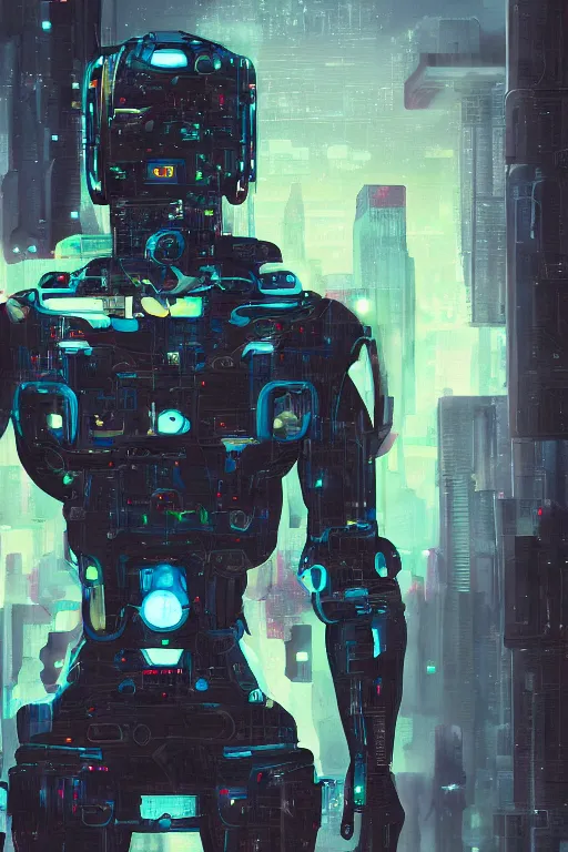 Image similar to a digital painting of a man with a robot suit on, cyberpunk art by Constant, featured on polycount, computer art, glitchy, biomorphic, greeble