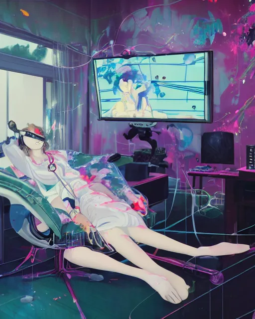 Prompt: a beautiful anime woman reclines in a gaming computer chair wearing a vr headset and headphones holding a game controller, in a domestic interior filled with screens by james jean and luc tuymans and beeple and hernan bas and pat steir and hilma af klint, psychological, 3 d, dripping paint, high quality render, masterpiece