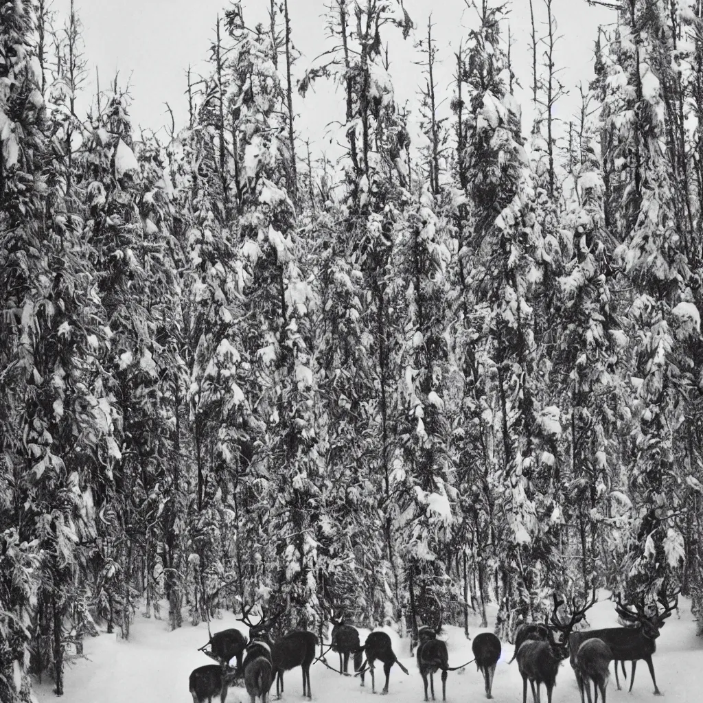 Prompt: world's first photo of man herding reindeer while driving a snowmobile, spruce forest surroundings, mildly snowy atmosphere, cold, winter, 1 9 2 3, finland