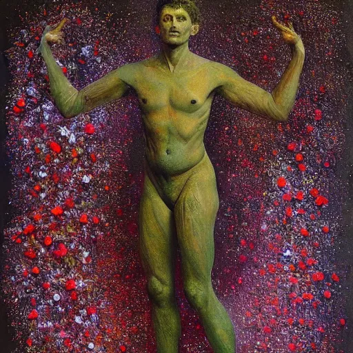 Image similar to a full body sculpture portrait made of stars and dust and flowers and plants, painting part by wojciech siudmak, part by ilya repin, part by max ernst, part by norman rockwell, artstation