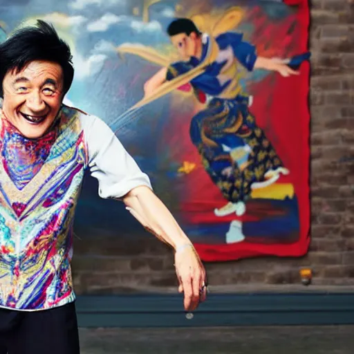Image similar to Popup art style Jackie Chan wearing a bandana dancing