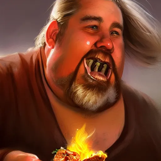 Image similar to portrait of a half fatman half pig eating kebab with long hair tied in a ponytail, light stubble with red shirt ,digital art,photorealistoc,art by greg rutkowski,hyperdetailed,western comic style,comic,comic style,sharp lineart,professional lighting,deviantart,artstation,trevor henderson,rossdtaws,cinematic,dramatic