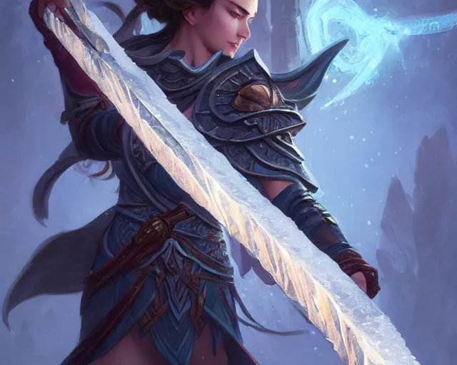 Prompt: frost sword, deep focus, d & d, fantasy, intricate, elegant, highly detailed, digital painting, artstation, concept art, matte, sharp focus, illustration, hearthstone, art by artgerm and greg rutkowski and alphonse mucha