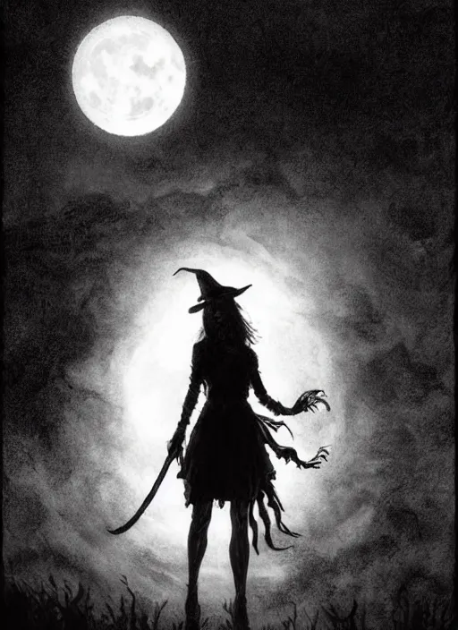 Image similar to portrait, silhouette of a witch in front of the full big moon, book cover, dramatic lighting, cinematic, establishing shot, extremly high detail, foto realistic, cinematic lighting, pen and ink, intricate line drawings, by Yoshitaka Amano, Ruan Jia, Kentaro Miura, Artgerm, post processed, concept art, artstation, matte painting, style by eddie mendoza, raphael lacoste, alex ross