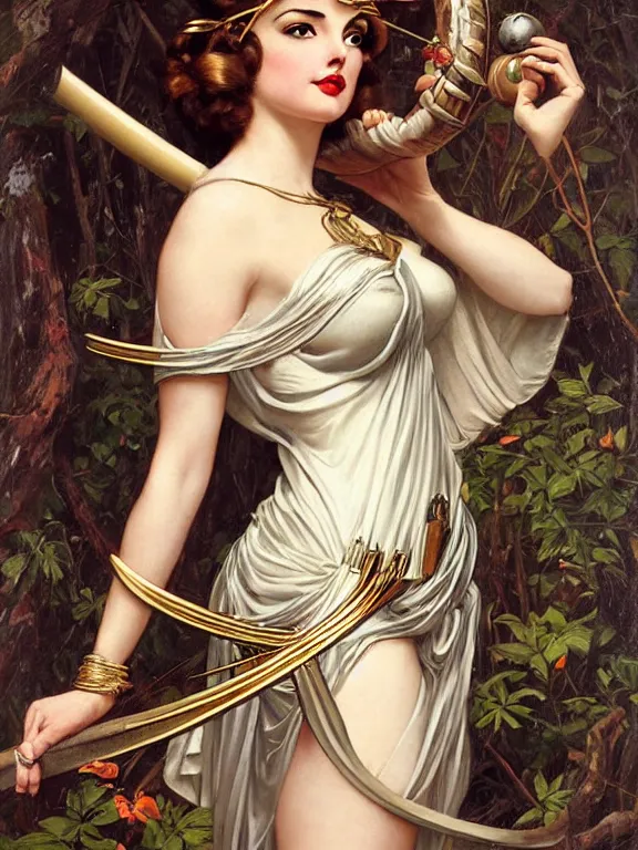 Prompt: Ana de armas as Artemis the Greek goddess of the hunt, a beautiful art nouveau portrait by Gil elvgren, Moonlit forest environment, centered composition, defined features, golden ratio, silver jewelry, sheer