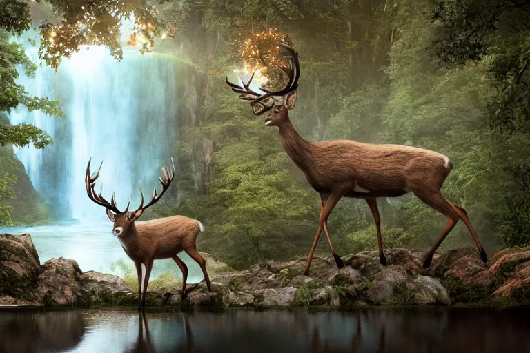 Image similar to deer god with glowing antlers next to lake and waterfall, moonlight, art by artgerm and greg rutkowski, cinematic shot, intricate, photorealistic, artstation, realistic, 1 0 0 mm, photography, octane, high definition, depth of field, bokeh, 8 k