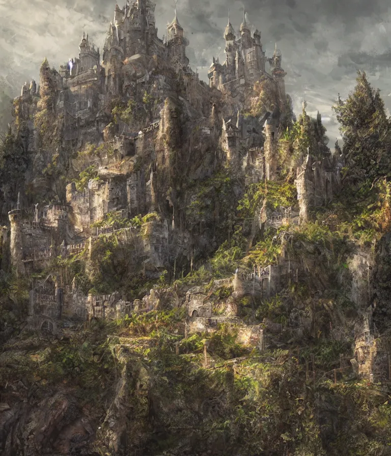 Image similar to view of castle highgarden, digital art, landscape, trending on artstation, highly detailed, medieval fantasy, game of thrones