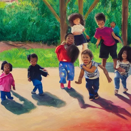 Image similar to an ethnically diverse group of toddlers. white. asian. hispanic. african. playing on a playground. oil on canvas exquisite. smooth. sharp focus. award winning. 8 k