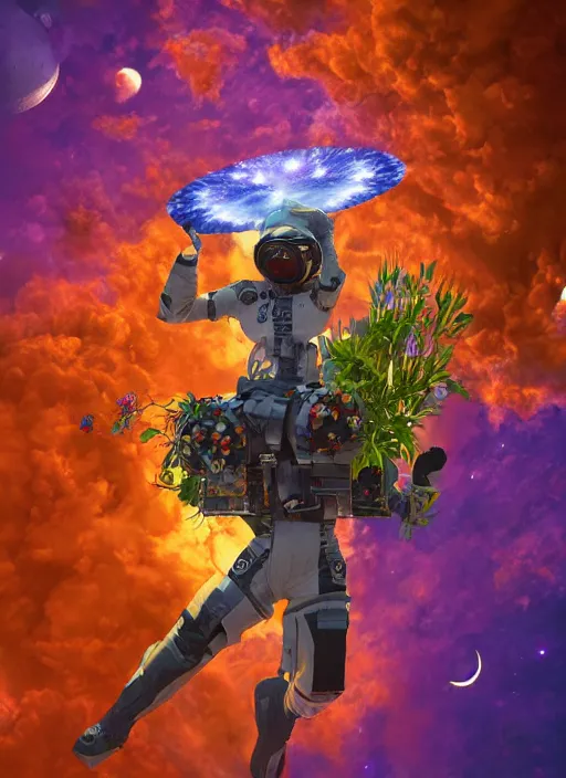 Image similar to An epic fantastic realism comic book style painting of the most beautiful flowers launched into space, bouquets, solar eclipse, fisheye, unreal 5, DAZ, hyperrealistic, octane render, dynamic lighting